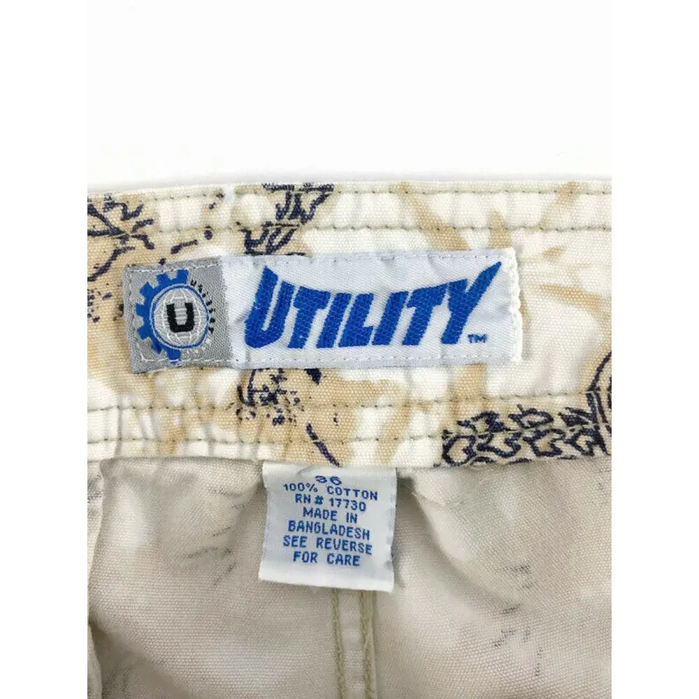 Utility Board Shorts Swim Trunks Men's Size 36 Cotton White and Tan Flowers